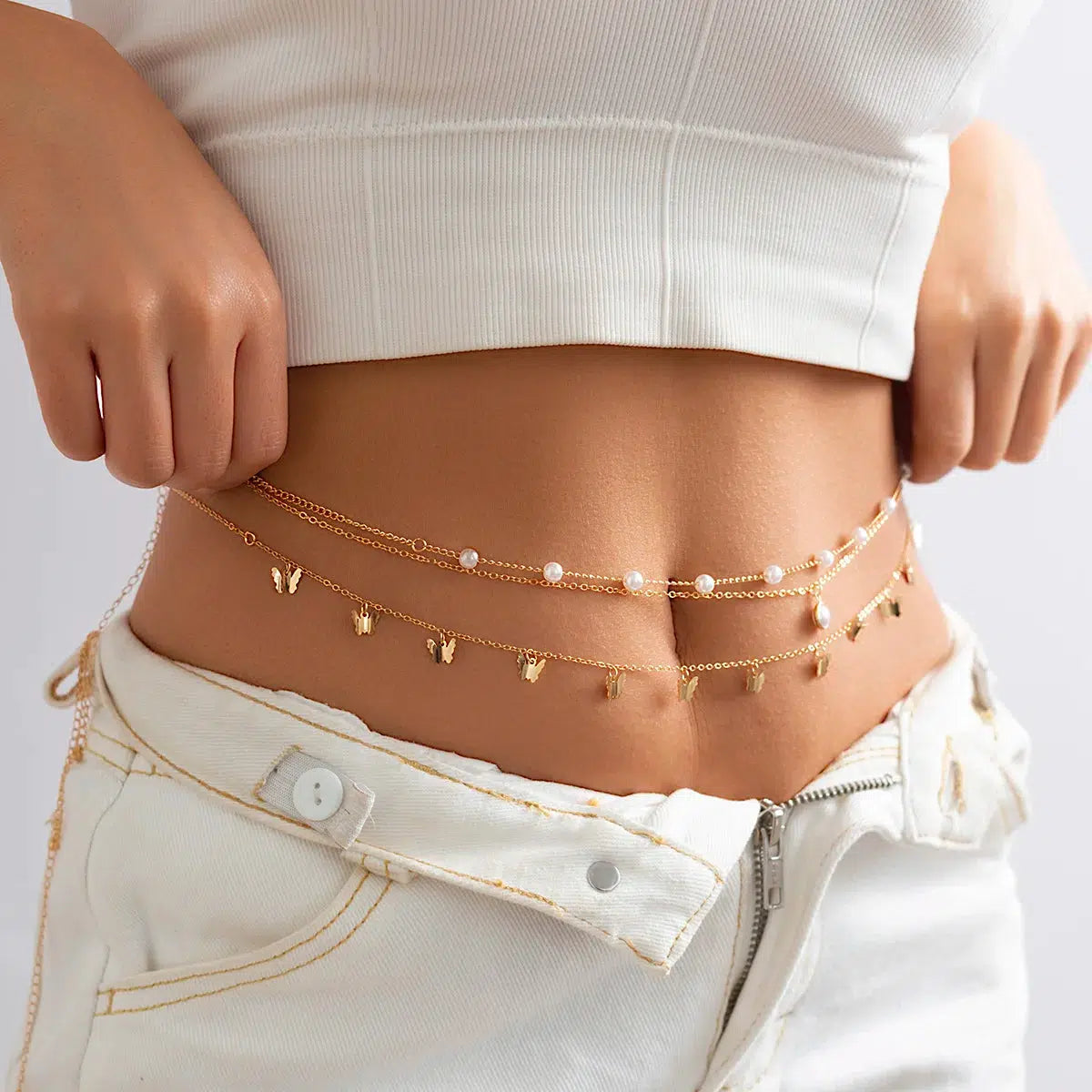 Y2K Aesthetic Butterfly Layered Beaded Belly Chain for Cute Outfits