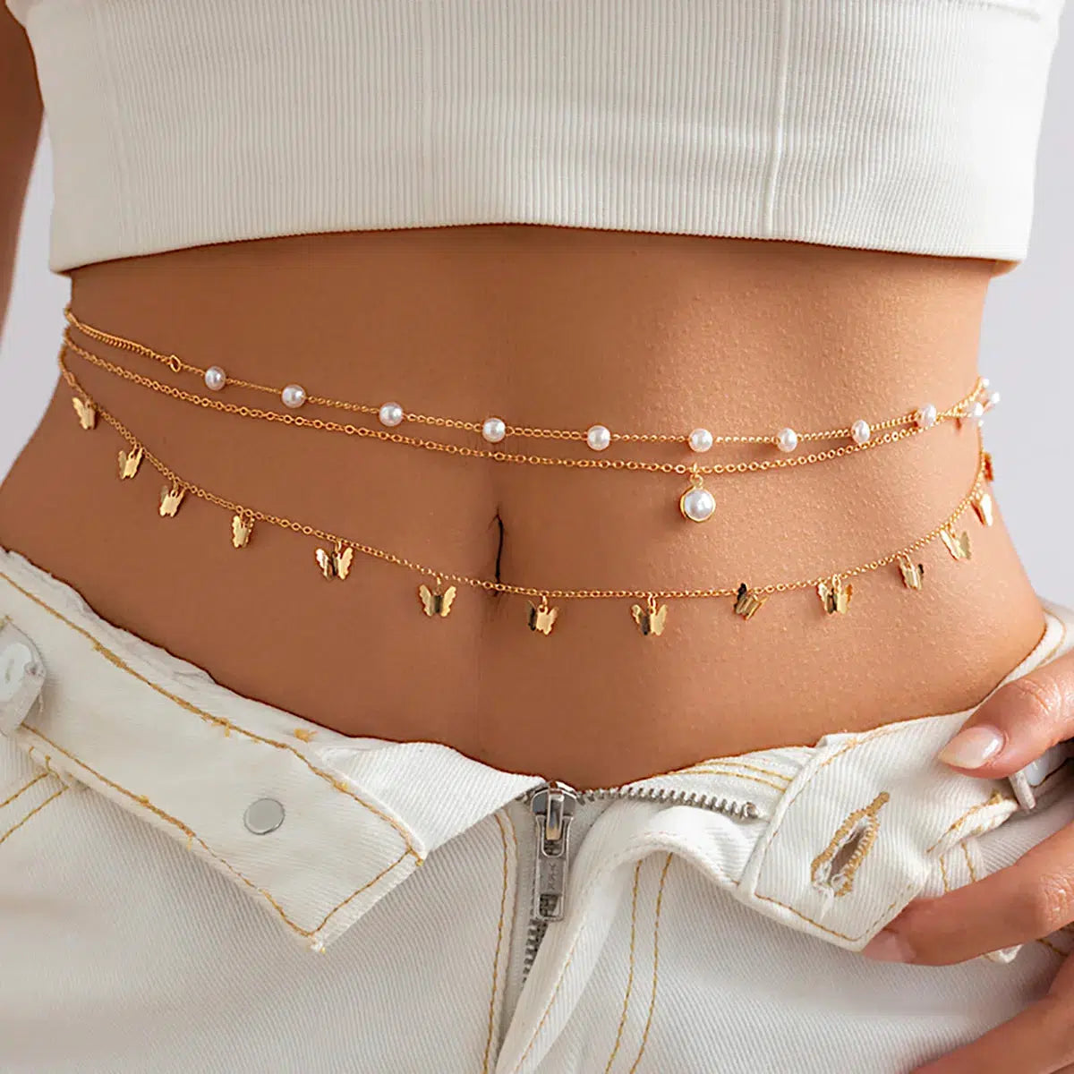 Y2K Aesthetic Butterfly Layered Beaded Belly Chain for Cute Outfits