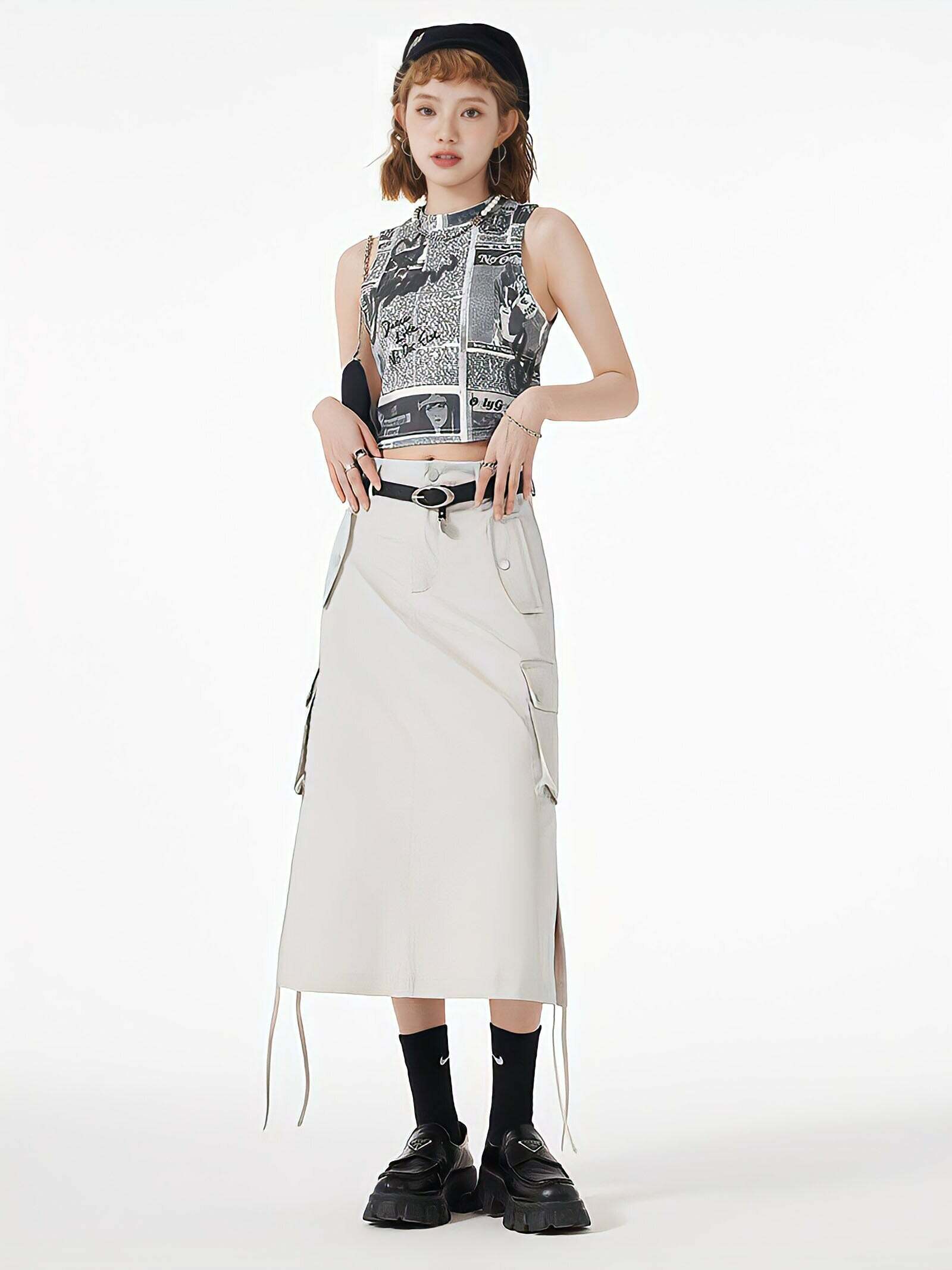 Y2K Aesthetic Cargo Midi Skirt with Slit & String Detail - Trendy Style