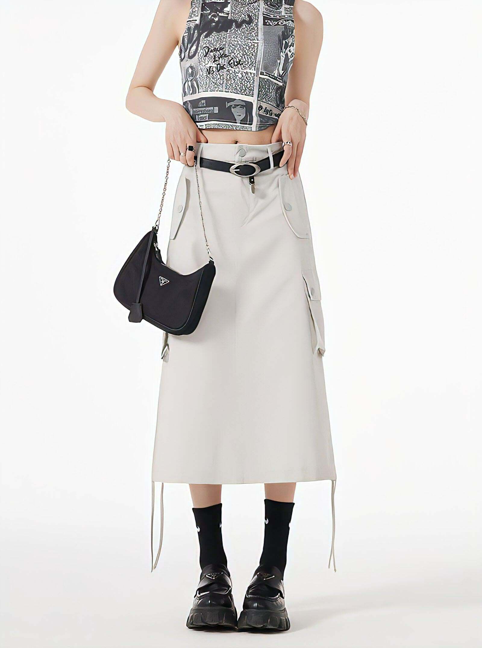 Y2K Aesthetic Cargo Midi Skirt with Slit & String Detail - Trendy Style