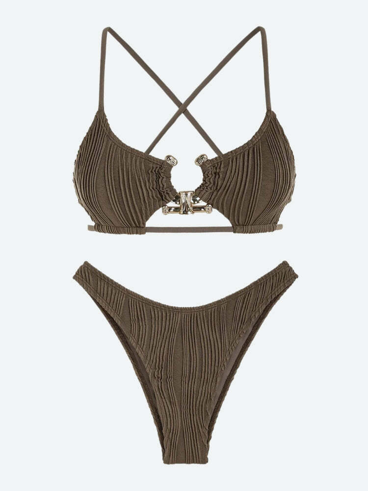 Y2K Aesthetic Criss Cross Bikini Set with Metal Hardware for Trendy Looks