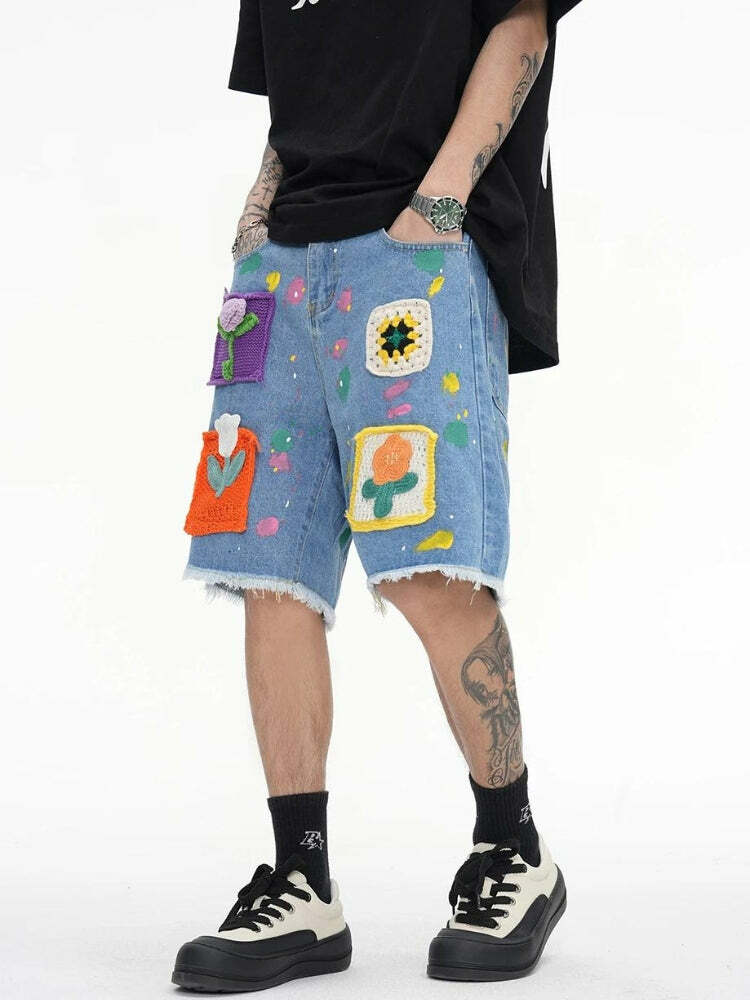 Y2K Aesthetic Knitted Flower Patch Denim Shorts for Cute Outfits