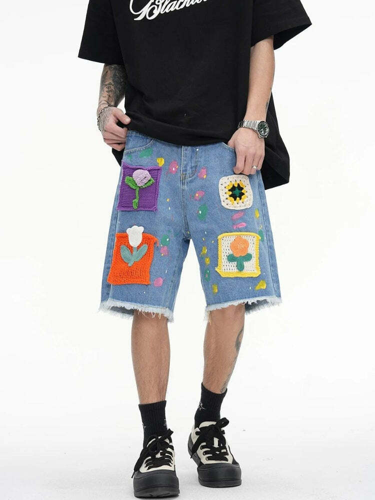 Y2K Aesthetic Knitted Flower Patch Denim Shorts for Cute Outfits