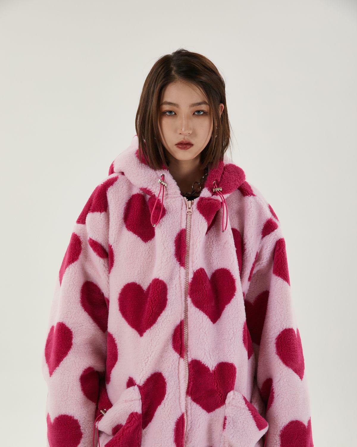 Y2K Aesthetic Pink Heart Pattern Hooded Jacket for Cute Outfits