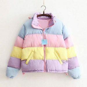 Y2K Aesthetic Rainbow Winter Jacket - Cute Tops & Grunge Style