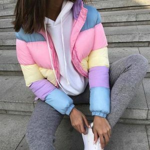 Y2K Aesthetic Rainbow Winter Jacket - Cute Tops & Grunge Style