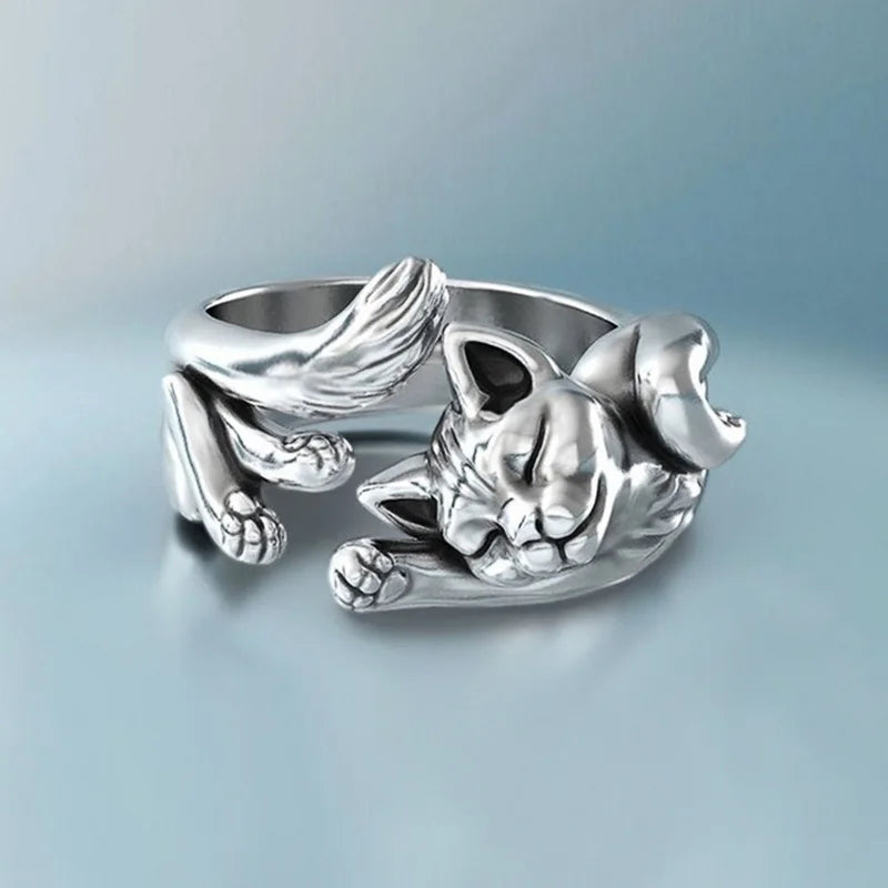 Y2K Aesthetic Sleeping Cat Ring - Cute Pastel Goth Jewelry Accessory