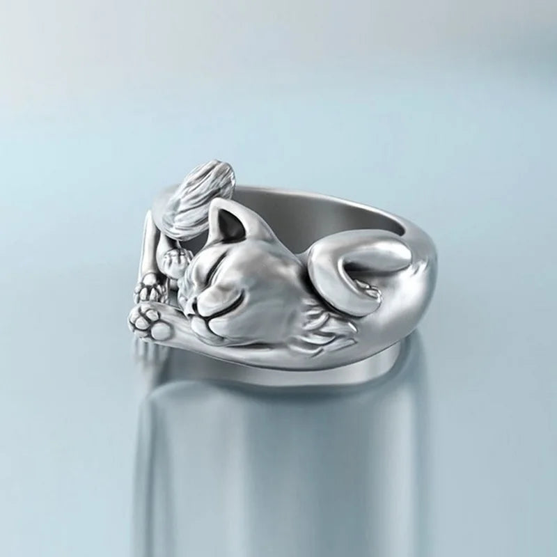 Y2K Aesthetic Sleeping Cat Ring - Cute Pastel Goth Jewelry Accessory