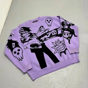 Y2K Anime Knitted Sweater - Cute Tops for Coquette & Grunge Aesthetic