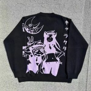 Y2K Anime Knitted Sweater - Cute Tops for Coquette & Grunge Aesthetic