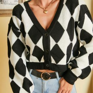 Y2K Argyle Knitted Cardigan - Cute Tops for Coquette & Grunge Aesthetic