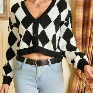 Y2K Argyle Knitted Cardigan - Cute Tops for Coquette & Grunge Aesthetic