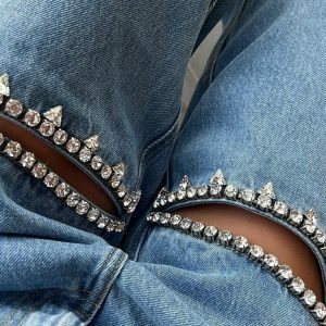 Y2K Baddie Embellished Cut-Out Jeans for Grunge & Coquette Aesthetic