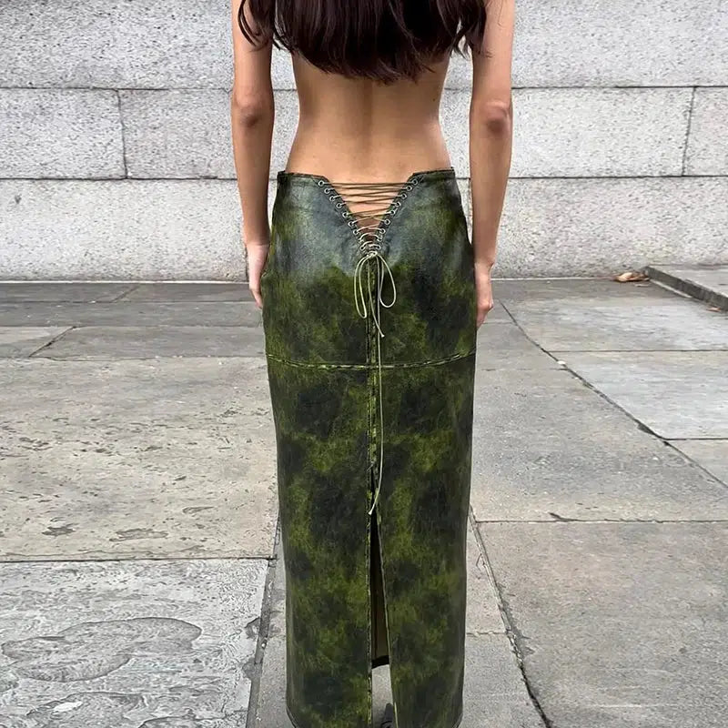 Y2K Baddie Leaf Lace-Up Split Maxi Skirt for Grunge & Coquette Aesthetic