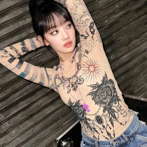 Y2K Baddie Mesh Tattoo Top - Grunge Aesthetic Cute Top for Trendy Outfits