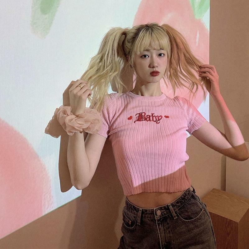 Y2K Barbie Embroidered Crop Top - Cute Coquette & Grunge Aesthetic