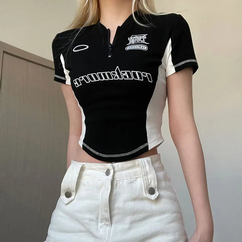 Y2K Biker Half Zip-Up Crop Top - Grunge Aesthetic & Cute Tops Style