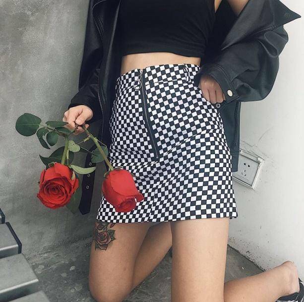 Y2K Black and White Checkerboard Cargo Skirt - Grunge Aesthetic Style