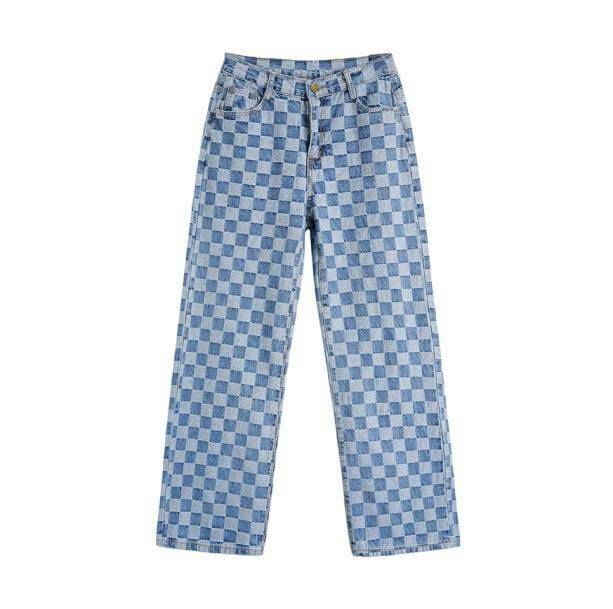 Y2K Blue Checkered Jeans - Grunge Aesthetic & Cute Tops Essential