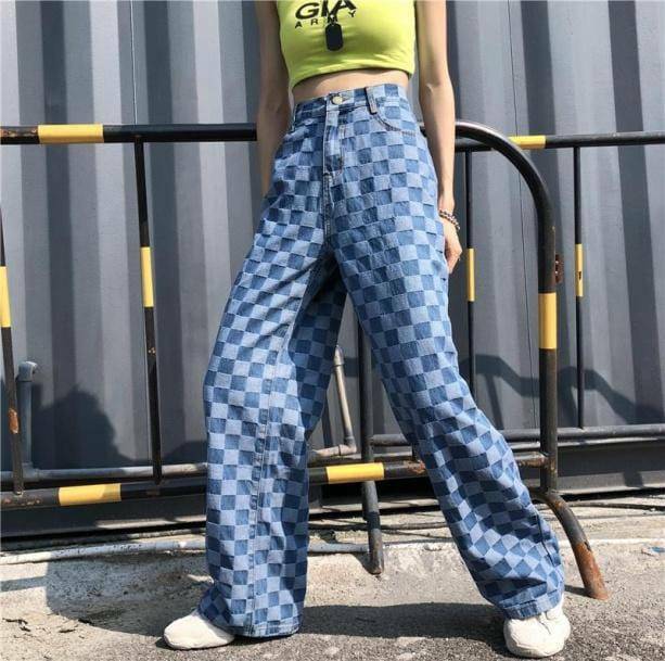 Y2K Blue Checkered Jeans - Grunge Aesthetic & Cute Tops Essential