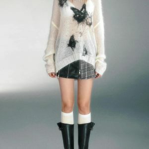 Y2K Butterfly Crochet Sweater - Cute Pastel Goth & Coquette Aesthetic