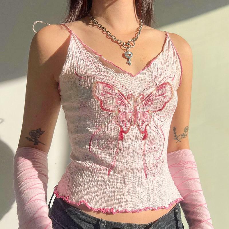 Y2K Butterfly Pink Crop Top - Cute Pastel Goth Aesthetic Fashion