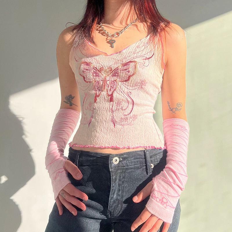 Y2K Butterfly Pink Crop Top - Cute Pastel Goth Aesthetic Fashion