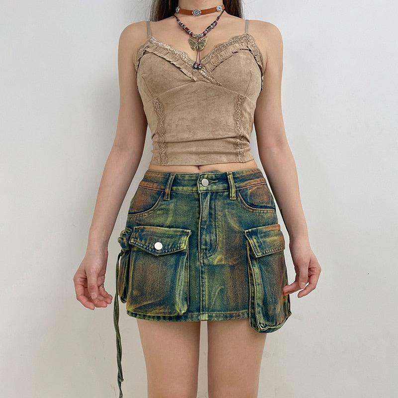 Y2K Cargo Denim Mini Skirt - Grunge Aesthetic & Coquette Style Outfit