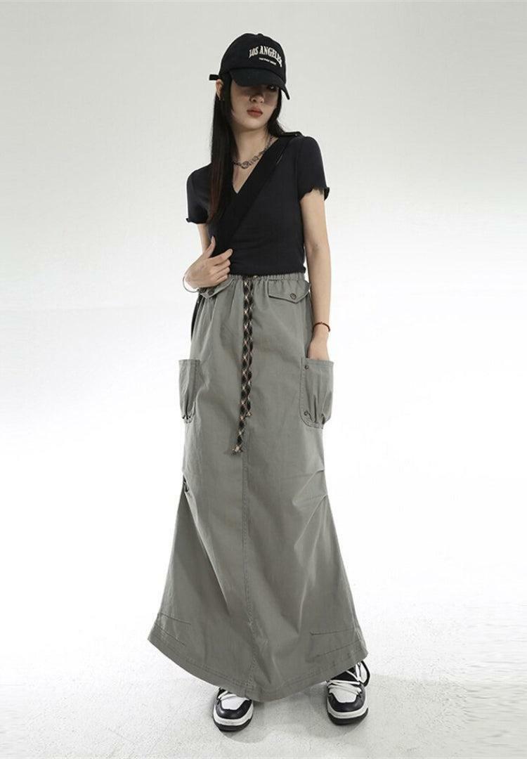 Y2K Cargo Pockets Parachute Maxi Skirt for Grunge & Coquette Aesthetic