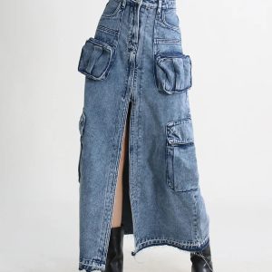 Y2K Cargo Split Denim Midi Skirt - Grunge Aesthetic & Cute Tops Style