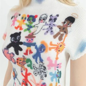 Y2K Cartoon Figures Printed Top - Cute Aesthetic for Grunge & Coquette