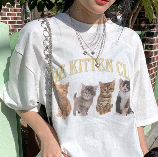 Y2K Cat Club T-Shirt: Cute Tops for Coquette & Grunge Aesthetic Lovers