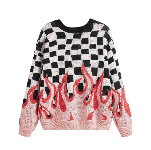 Y2K Checkered Flames Sweater - Grunge Aesthetic Cute Top for Fall