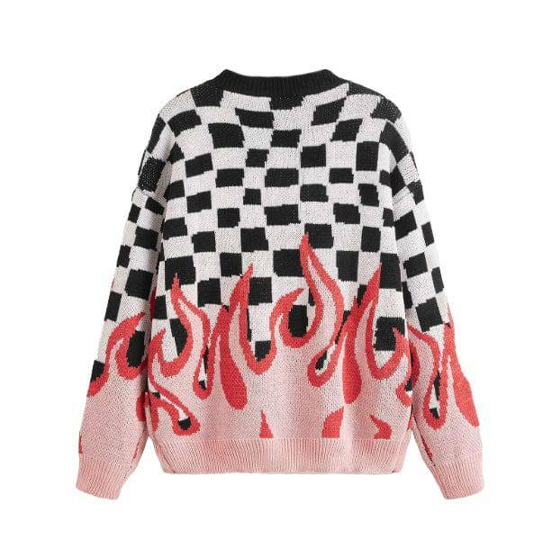 Y2K Checkered Flames Sweater - Grunge Aesthetic Cute Top for Fall