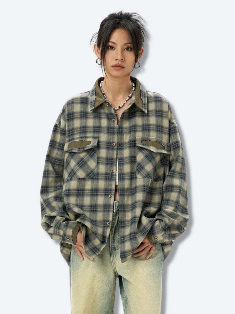 Y2K Checkered Shirt: Grunge Aesthetic Top for Cute Pastel Goth Outfits