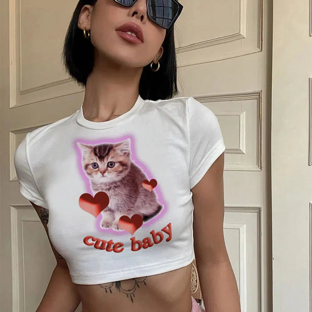 Y2K Coquette Aesthetic Cat Baby Tee - Cute Tops for Grunge & Pastel Goth