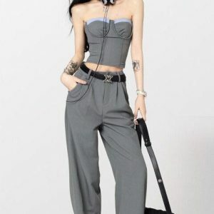 Y2K Corset Top & Wide Leg Pants Set - Grunge & Coquette Aesthetic