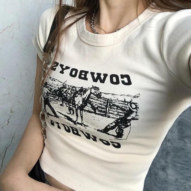 Y2K Cowboys Crop Tee: Cute Tops for Coquette & Grunge Aesthetic Styles