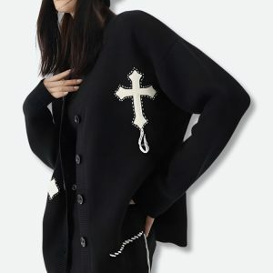 Y2K Cross Patch Cardigan: Cute Tops for Coquette & Grunge Aesthetic