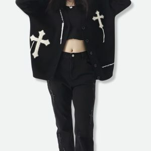 Y2K Cross Patch Cardigan: Cute Tops for Coquette & Grunge Aesthetic