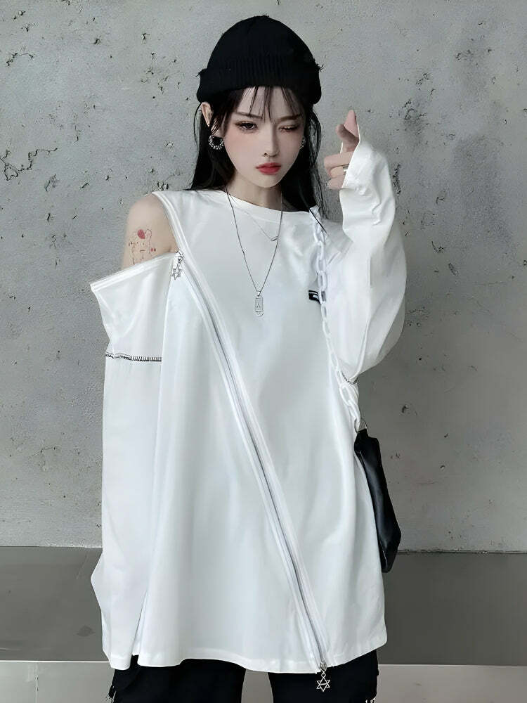 Y2K Cyberpunk Cross Zip-Up Top: Grunge Aesthetic & Cute Pastel Style