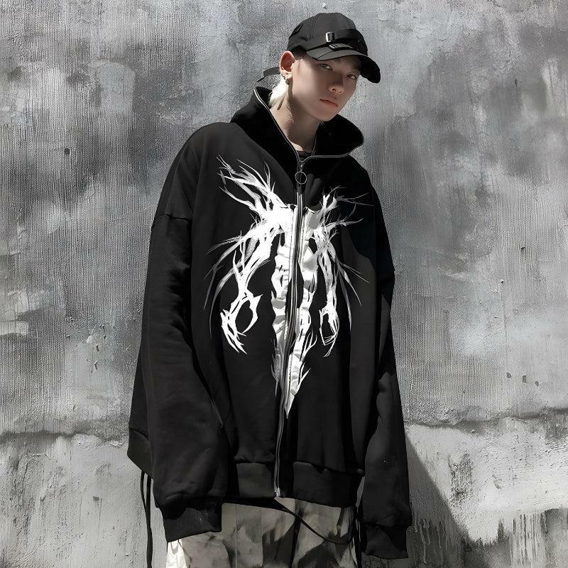 Y2K Cyberpunk Ghost Full Zip-Up Hoodie - Grunge Aesthetic & Cute Tops