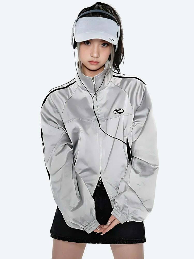 Y2K Cyberpunk Reflective Double Zip-Up Jacket for Grunge & Coquette Aesthetic