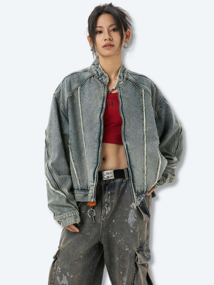 Y2K Cyberpunk Zip-Up Denim Jacket - Grunge Aesthetic & Cute Tops