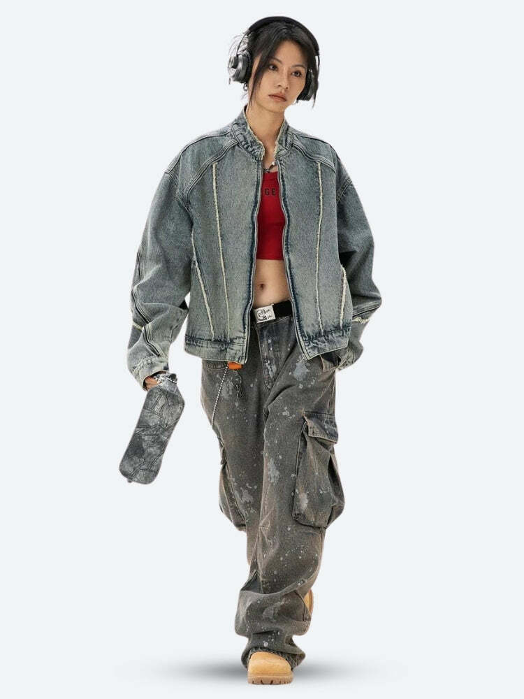 Y2K Cyberpunk Zip-Up Denim Jacket - Grunge Aesthetic & Cute Tops