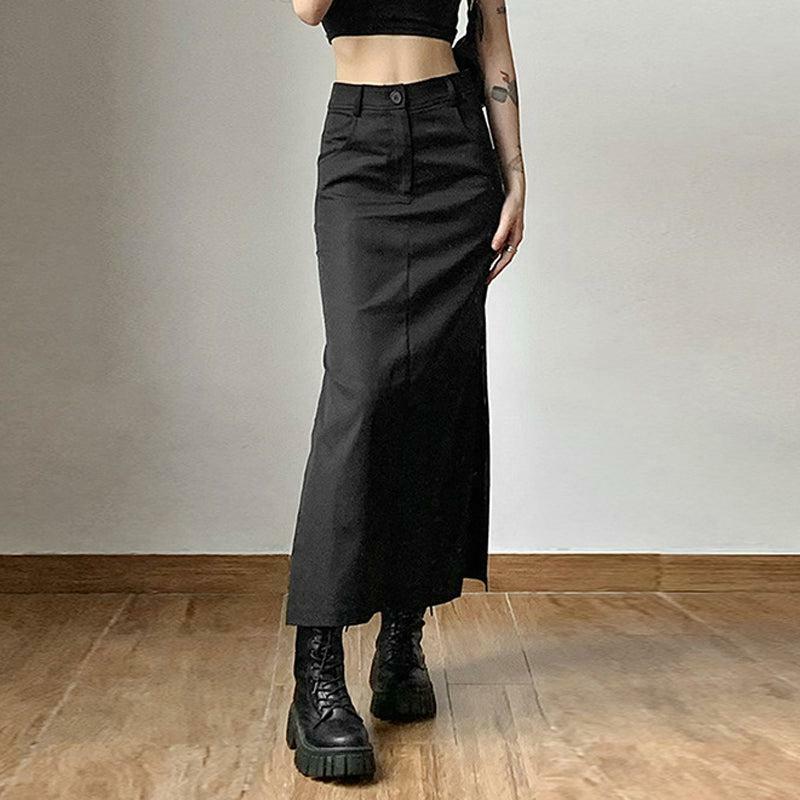 Y2K Dark Academia Side Slit Maxi Skirt - Grunge Aesthetic Fashion Piece