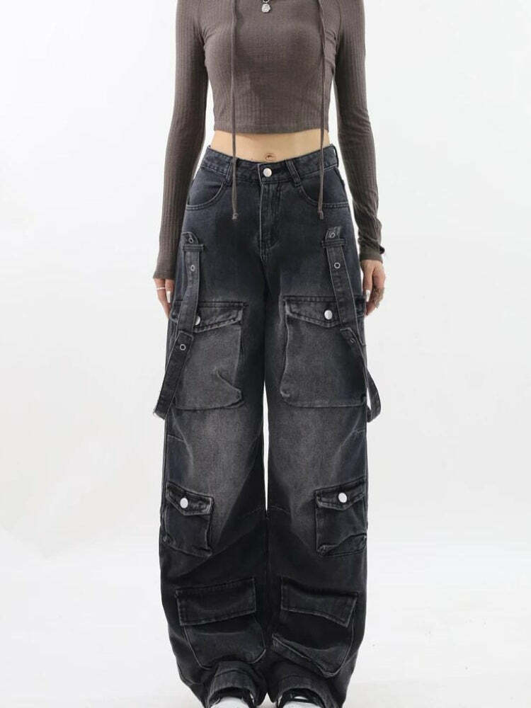 Y2K Dark Wash Cargo Skirt: Trendy Grunge Aesthetic for Stylish Outfits