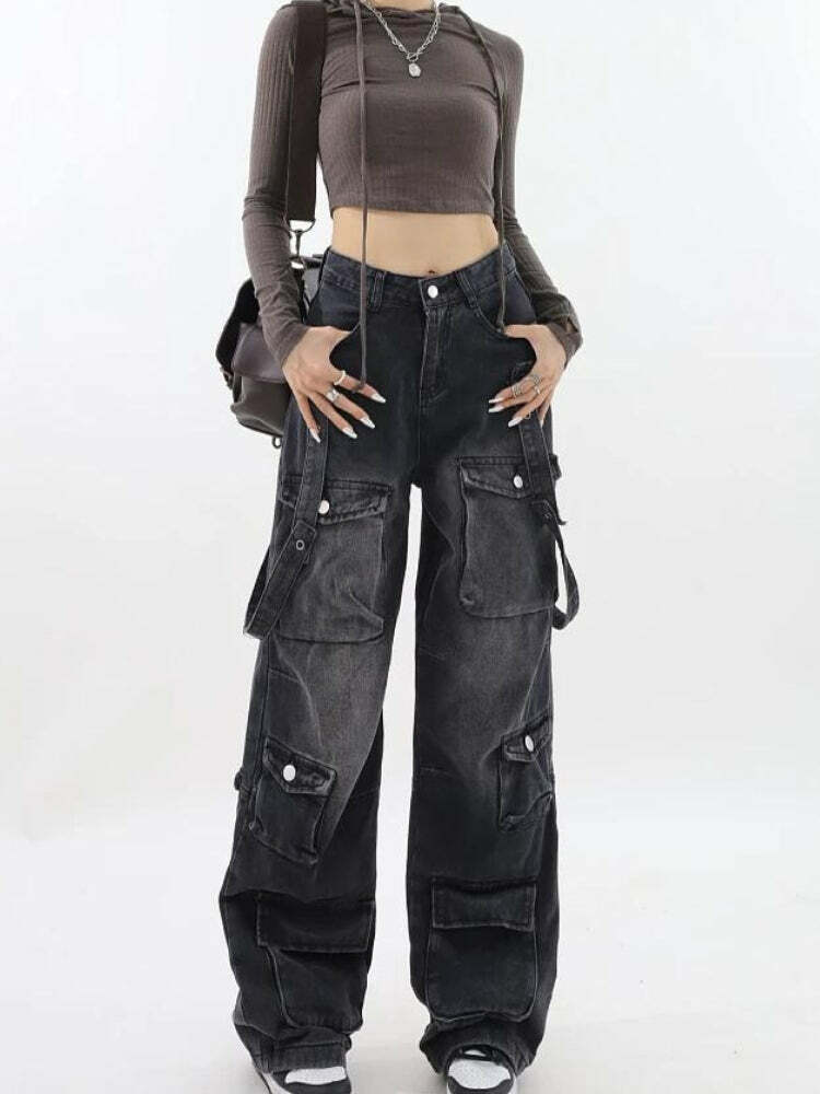 Y2K Dark Wash Cargo Skirt: Trendy Grunge Aesthetic for Stylish Outfits