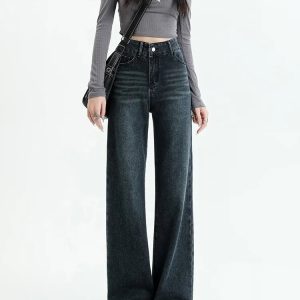 Y2K Dark Wash Straight Leg Denim Jeans - Grunge Aesthetic & Cute Tops