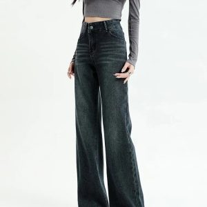 Y2K Dark Wash Straight Leg Denim Jeans - Grunge Aesthetic & Cute Tops